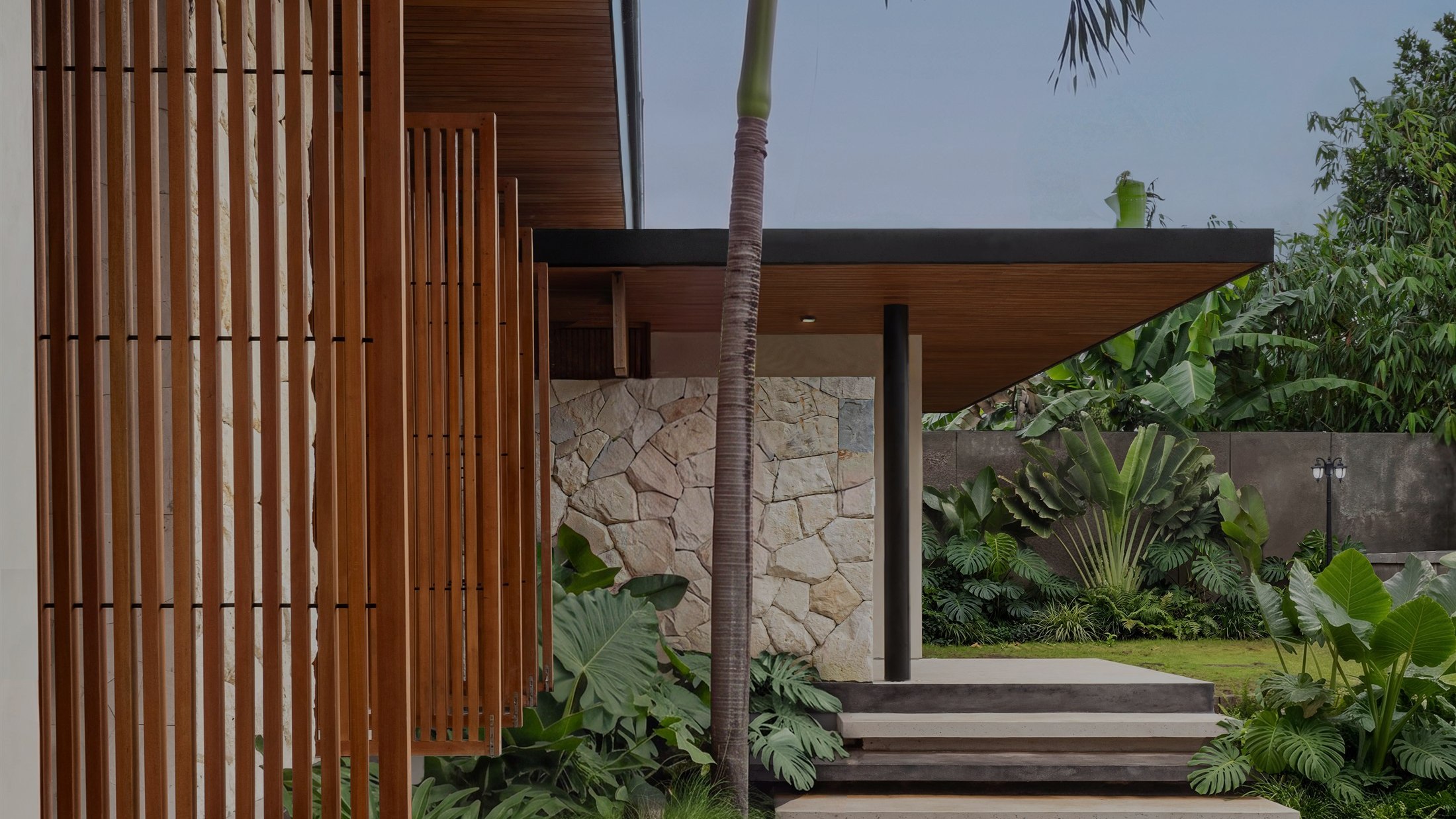 Contemporary tropical villa render with timber screens, stone walls, garden planting, and evening light.