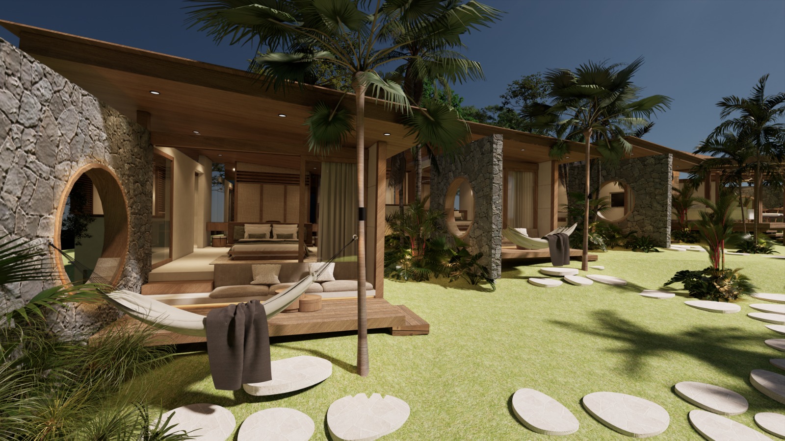 Resort villa garden with stone walls, timber rooflines, and outdoor terraces.