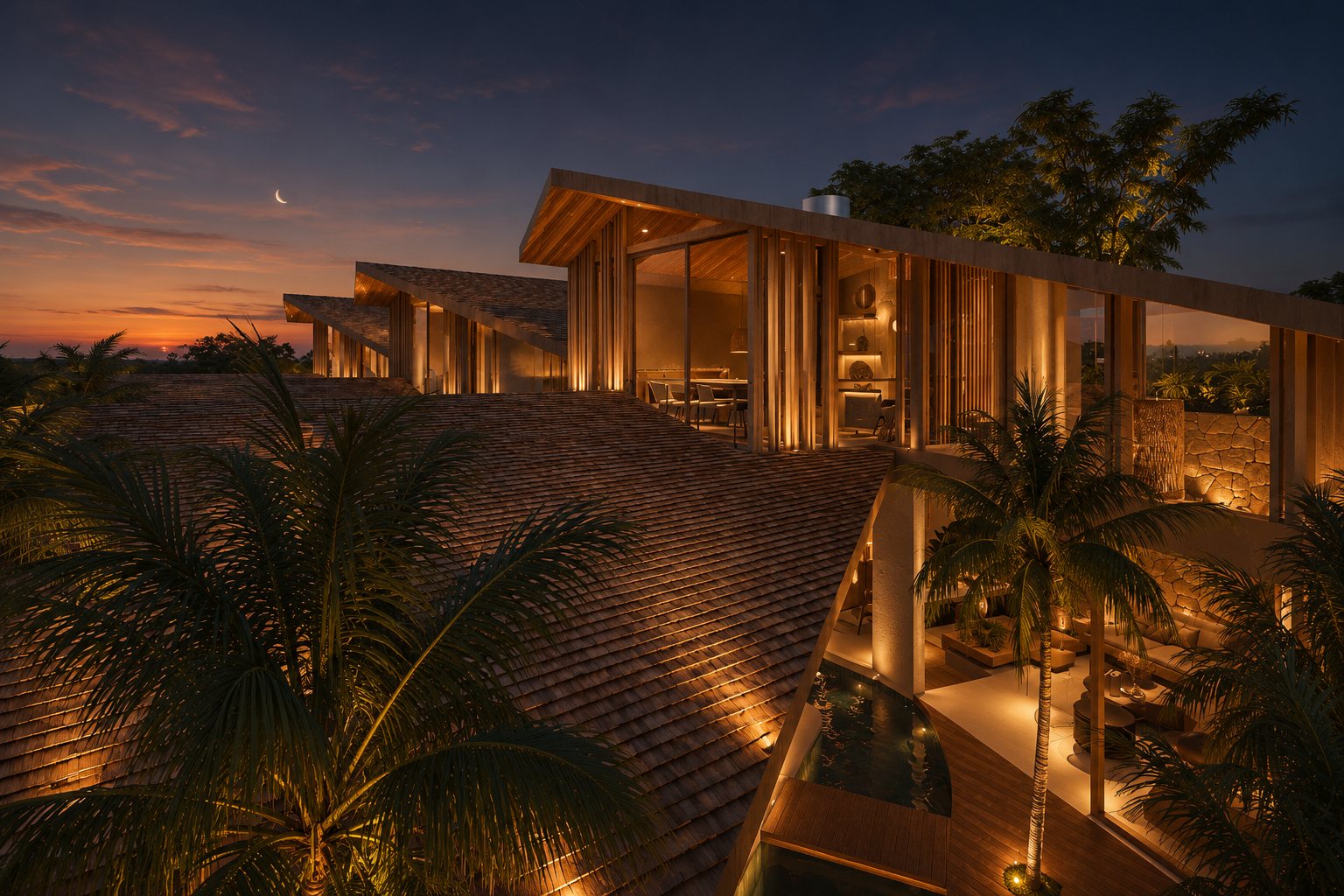 The Saturday Villas exterior at dusk with warm lighting and tropical landscape.